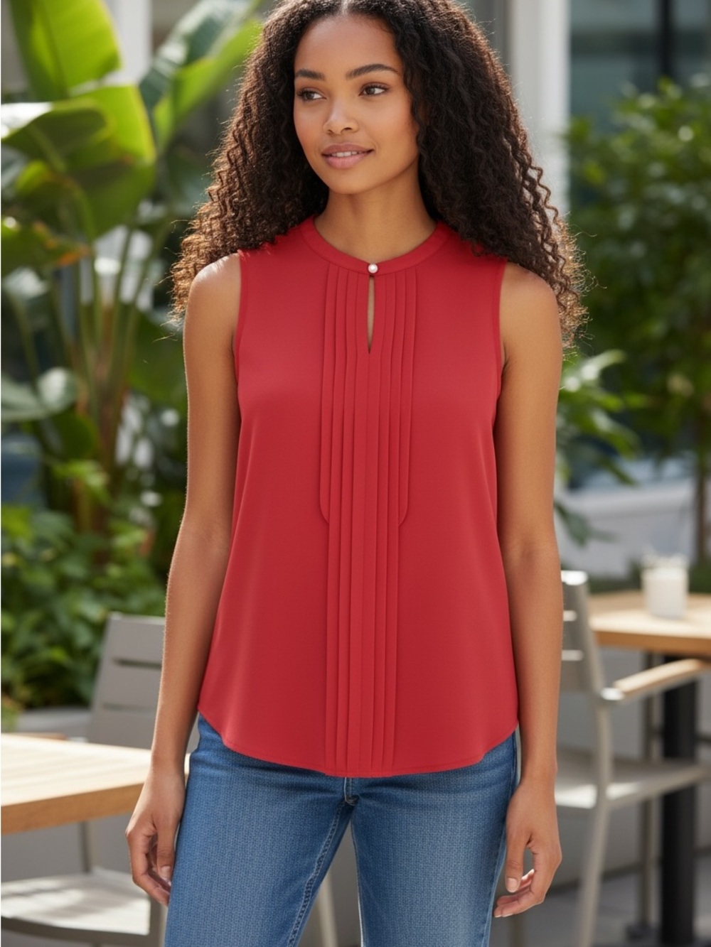 Ann Taylor Red Sleeveless Blouse With Pearl & Pleat Details Size Medium